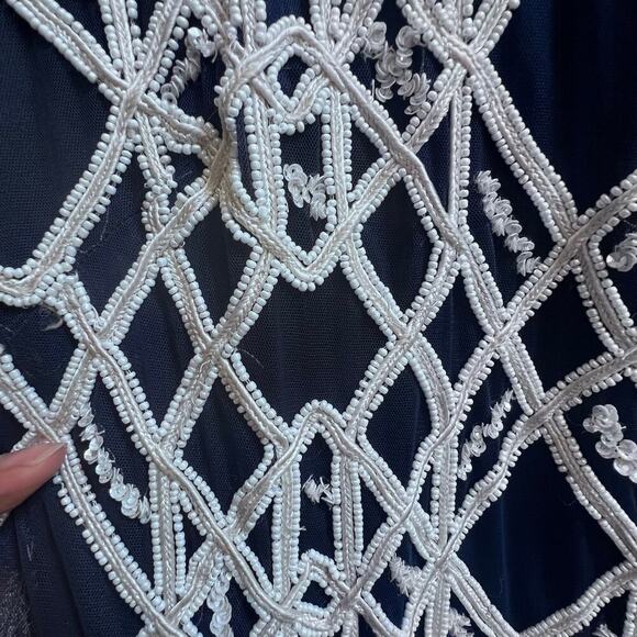 New JS Collections Fully Beaded White Navy Long Sleeves V-Back Elegant Dress 10 - Picture 4 of 7